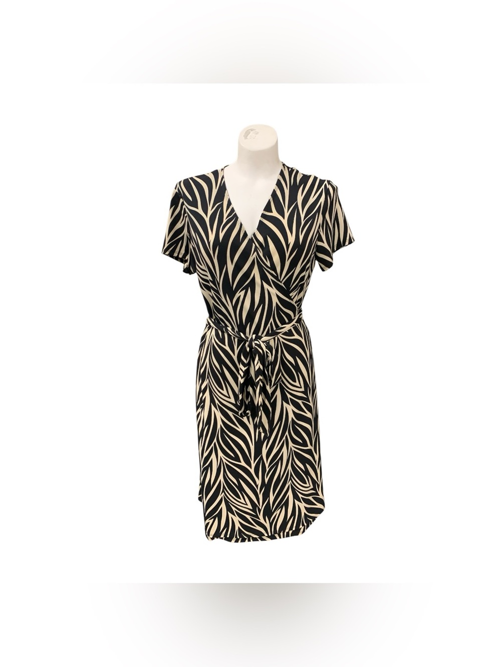 Tiana B. Black and Cream Printed Wrap Midi Dress Size L
